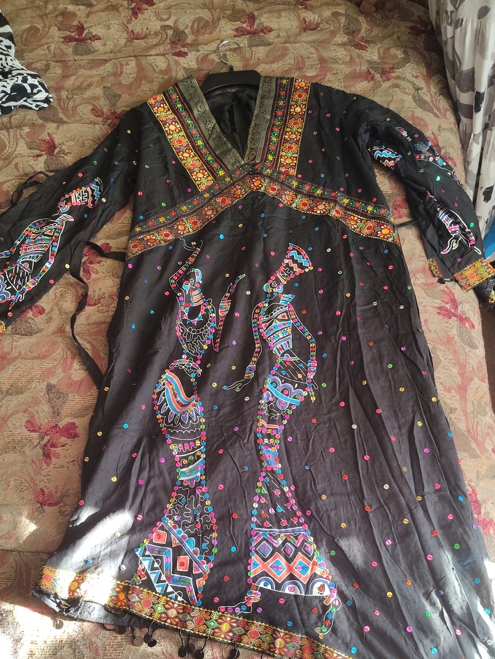 Black Embroidered Ethnic Maxi Dress with Colorful Sequins